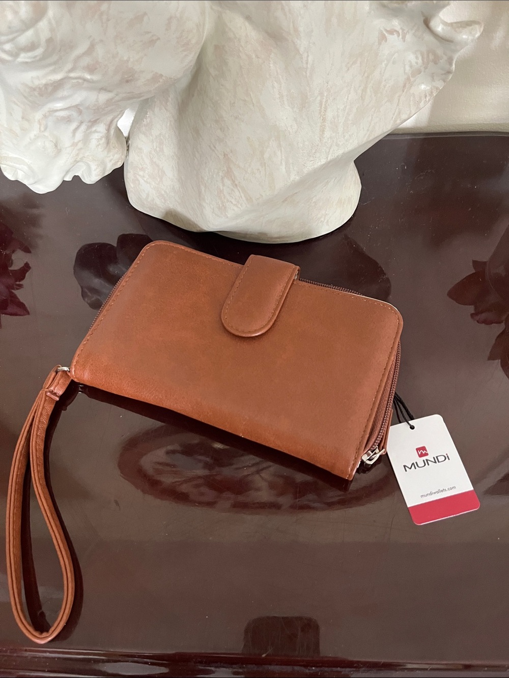 mundi Leather-Look Wristlet Clutch in Chestnut Brown